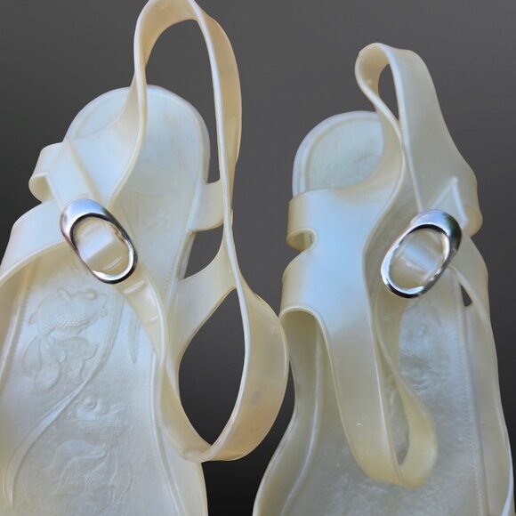 Vintage 80s 90s Jelly Sandals Size 8.5 Low Wedge Heels Koi Fish Pattern Pearl - Picture 6 of 8